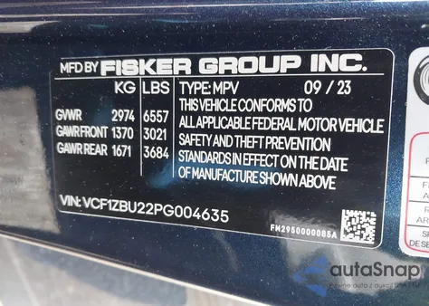 2023 Fisker Ocean One from USA, damaged, VIN VCF1ZBU22PG004635